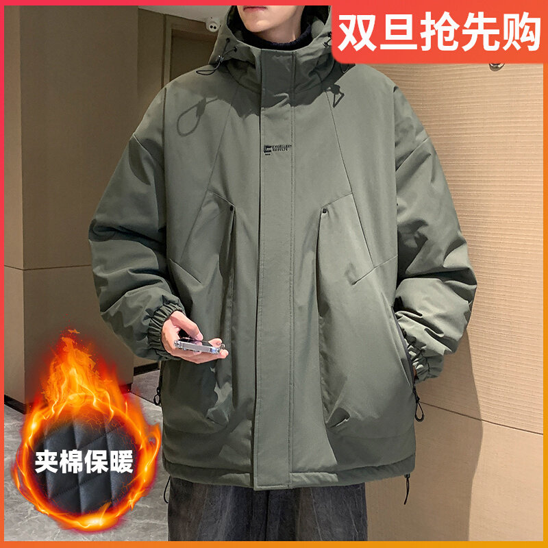 秋冬款夹克男连帽宽松休闲潮流工装风高中生男生冬季防风夹棉外套