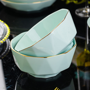 碗盘单品家用金边陶瓷餐具手工描金青瓷钻石北欧碗盘组合搭