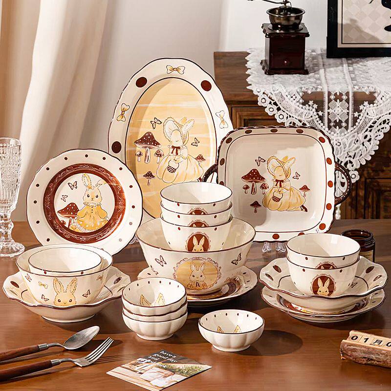 兔子卡通釉下彩ins风碗盘套装