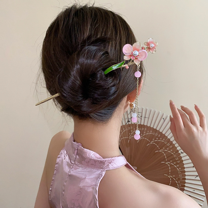 甜美桃花绿叶发簪高级感流苏步摇女新中式簪子古风盘发发饰发钗女