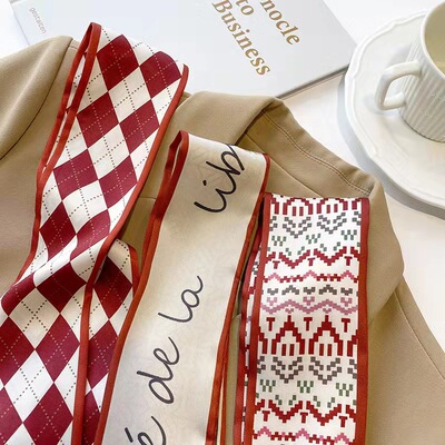 红色气质双层缎面长条丝巾发带女