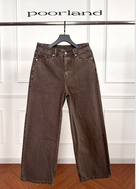 [棕色水洗牛]14.5盎司阿苏特染直筒阔腿A字牛仔裤PoorLandCNZ04