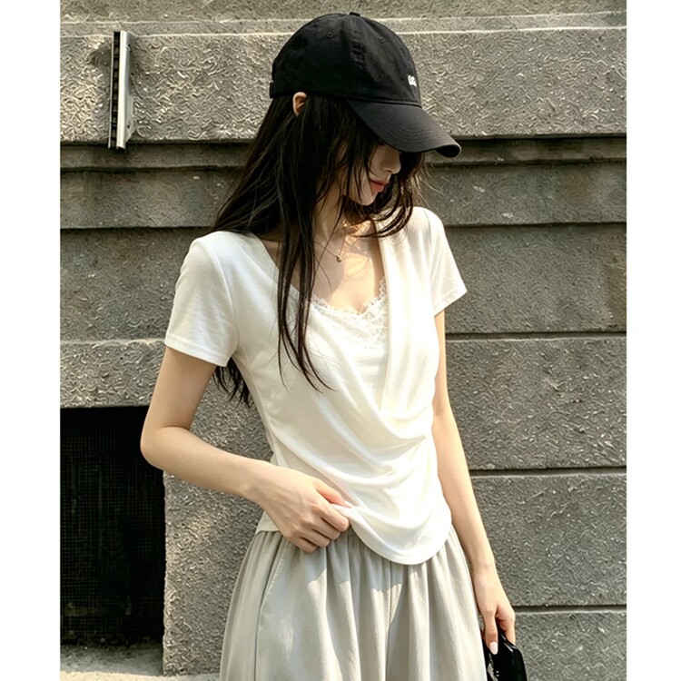 法式简约U领假两件白色短袖T恤女