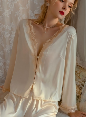 真丝性感睡衣女秋款新款蕾丝纯欲风法式长袖两件套装家居服礼盒装