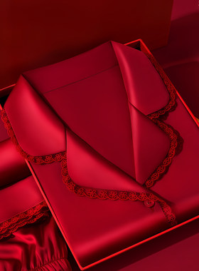 红色花边真丝睡衣女冬季本命年新娘结婚桑蚕丝家居服套装顺丰包邮