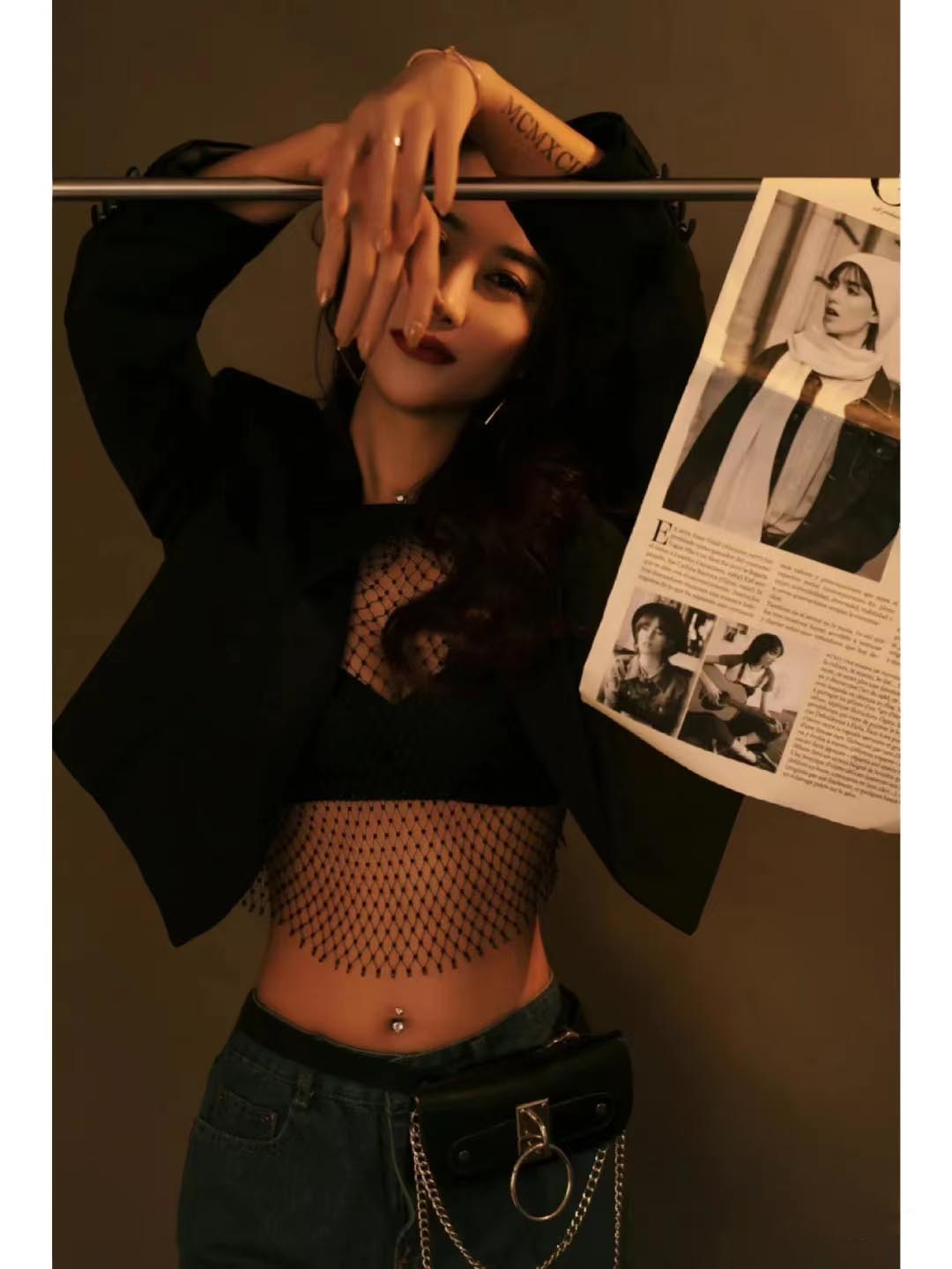 镂空小众渔网烫钻热辣性感吊带