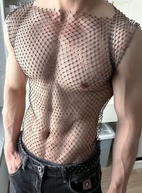 blingbling亮钻性感男士T恤镂空渔网亮片背心夜店派对网纱上衣男A