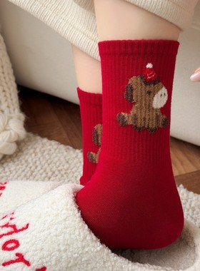 小马袜子2026马年本命年大红女生高橡筋可爱卡通学院风中筒鸿运袜