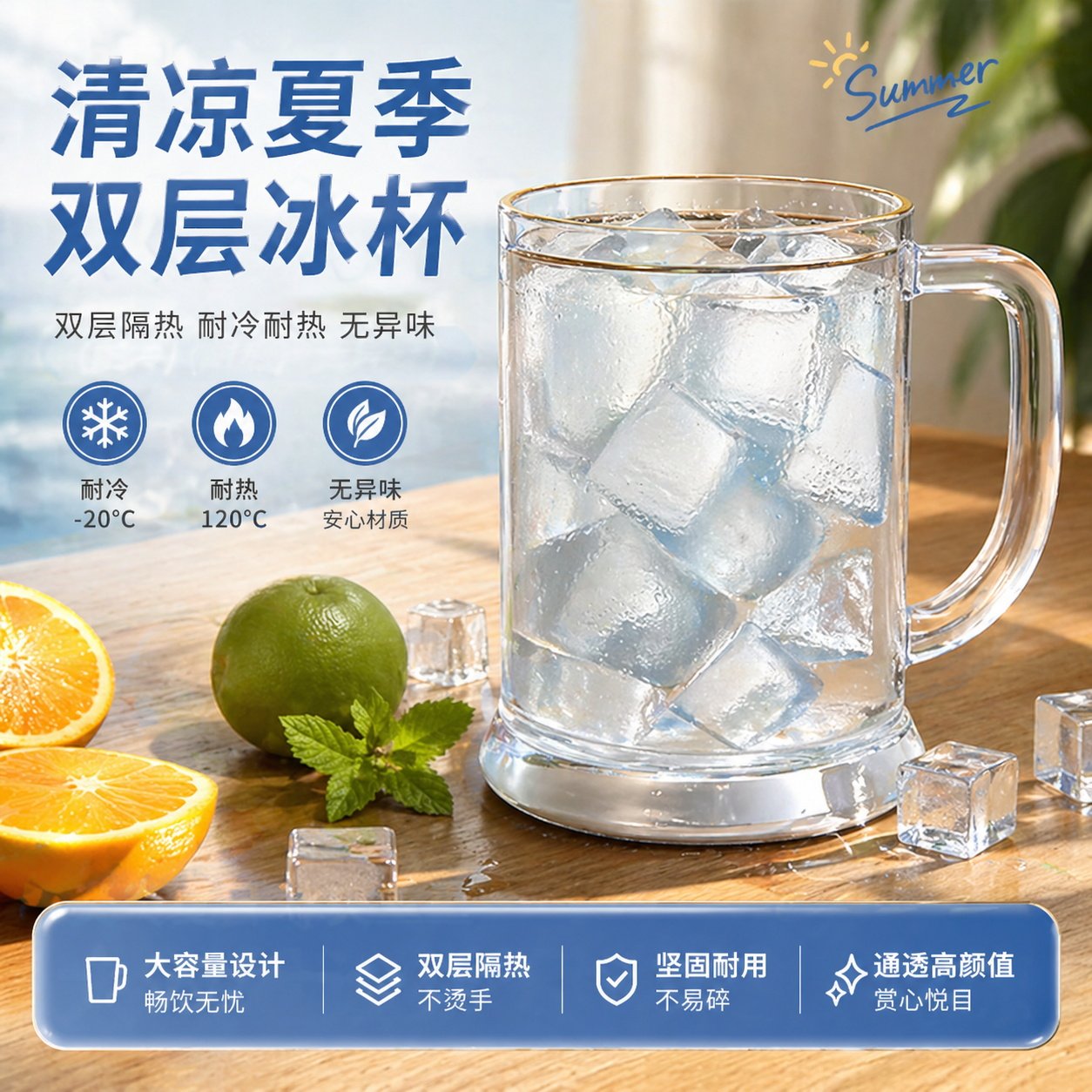 冰杯双层隔冰塑料冷水杯大容量耐冷耐热啤酒杯饮料杯夏季降温冰镇