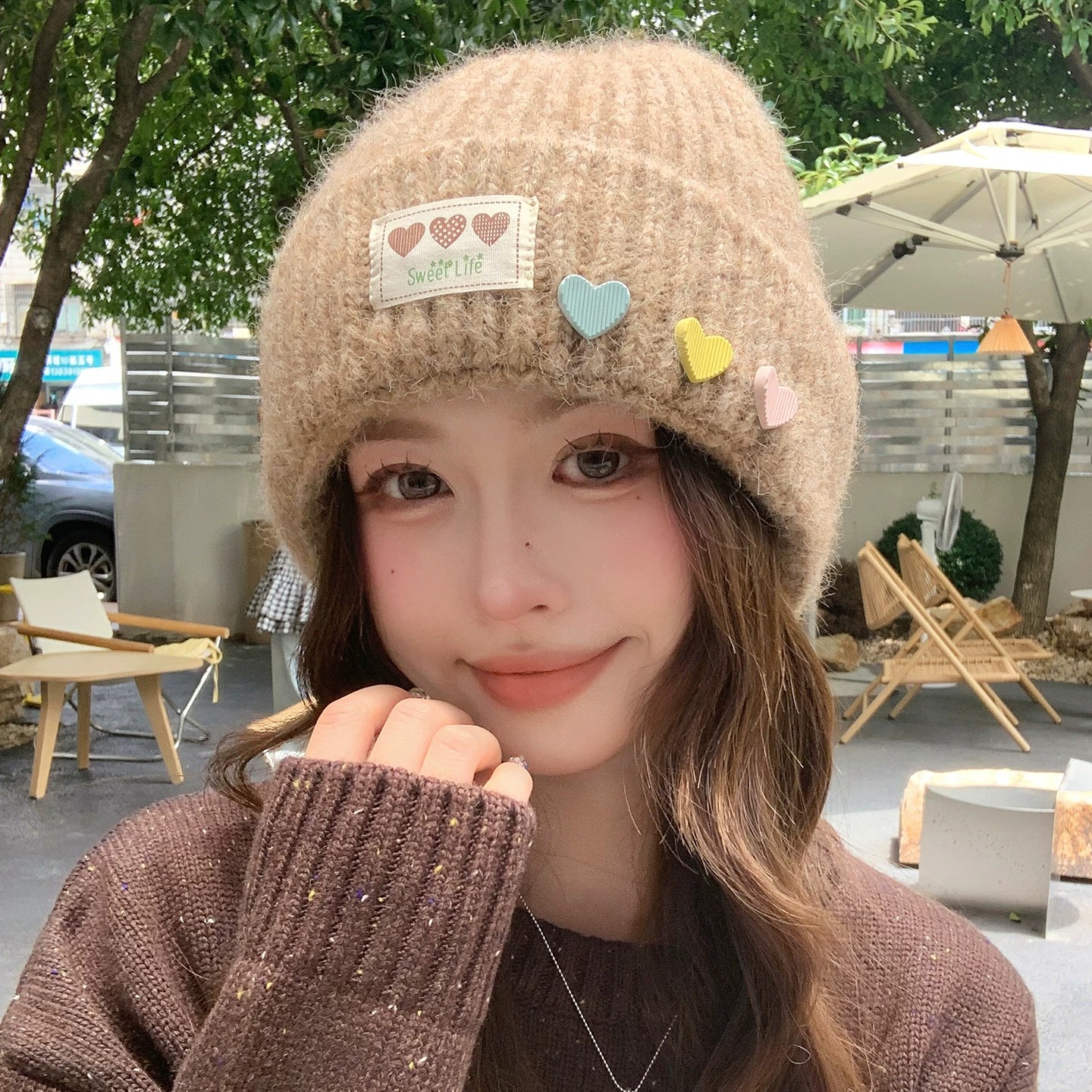 韩版甜美爱心针织毛线帽女秋冬季时尚休闲百搭显脸小保暖包头帽子
