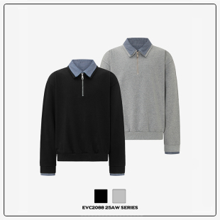 卫衣潮 学院风假两件重磅400克双层领格子半拉链短宽长袖 EVC 美式