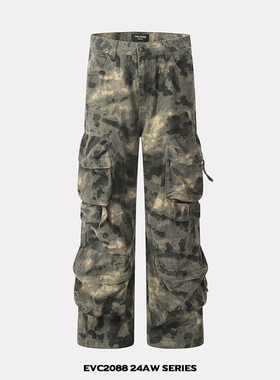 EVC 美式复古多口袋晕染迷彩工装裤重工直筒宽松cleanfit长裤潮男
