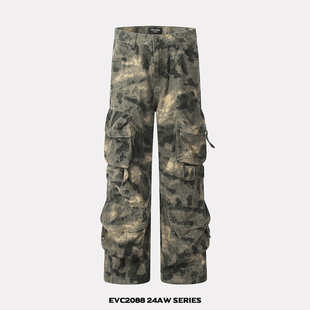 重工直筒宽松cleanfit长裤 EVC 裤 复古多口袋晕染迷彩工装 潮男 美式