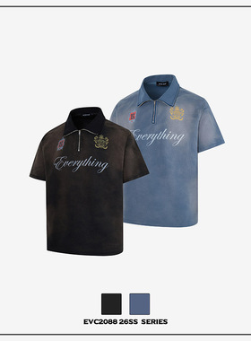 EVC 美式复古渐变做旧半拉链 polo 衫男徽章刺绣宽松短袖 T恤上衣