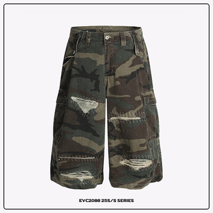 短裤 EVC 宽松大口袋工装 高街重磅水洗破坏补丁迷彩七分裤 潮 美式