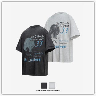 印花漫画宽松T恤夏季 EVC 涉谷女孩260G复古Gvintage做旧水洗短袖