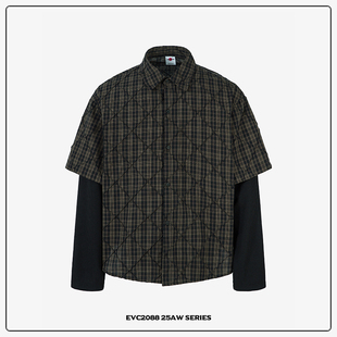 设计感宽松百搭衬衣 衬衫 EVC美式 复古格子纹假两件拼接华夫格长袖