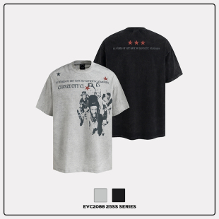 小领口短袖 Vintage做旧水洗重磅美式 直喷印花人像T恤 25SS新款 EVC