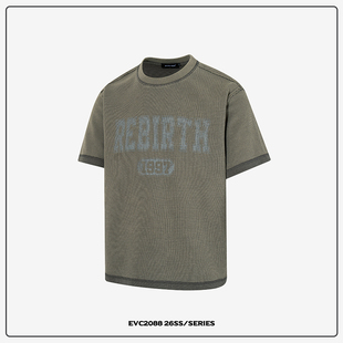 圆领字母印花情侣T恤男女 街头复古华夫格茶绿色做旧短袖 EVC 美式