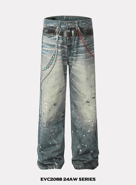 【3D数码印花】裤链泼墨baggy宽松直筒牛仔裤美式街头复古长裤潮