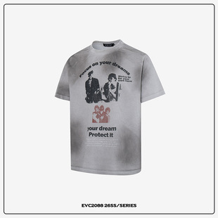 复古人物字母宽松重磅高街短袖 EVC 做旧水洗华夫格印花T恤美式