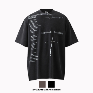 潮牌cleanfit水洗小领口短袖 男 嘻哈街头小众字母印花宽松T恤夏季