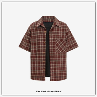 衬衫 复古红色格子假两件春夏短袖 T恤宽松情侣休闲设计感 美式 EVC