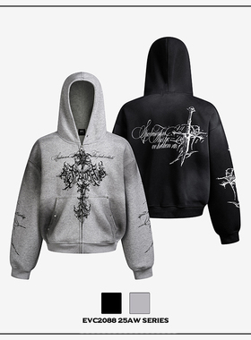 EVC*美式小众设计感亚文化十字架重磅连帽短宽扎染卫衣外套潮情侣