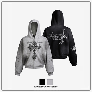EVC 小众设计感亚文化十字架重磅连帽短宽扎染卫衣外套潮情侣 美式