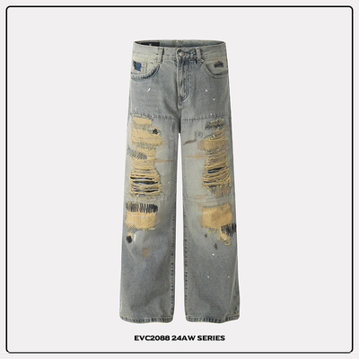 美式做旧假破洞补丁微喇牛仔裤