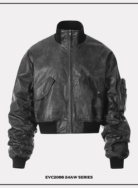 EVC 美式复古设计感bomber飞行员夹棉PU皮衣短宽重磅立领夹克外套