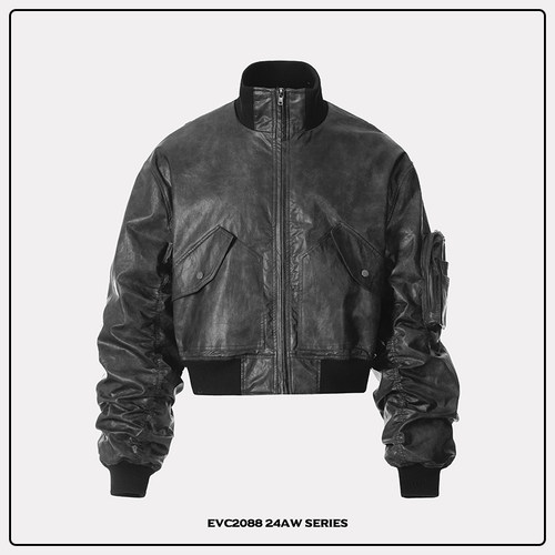 bomber飞行员夹棉PU皮短宽夹克