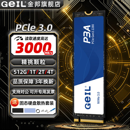 GeIL金邦3.0固态硬盘P3A512g1t2t台式机电脑SSD笔记本NVME游戏M2