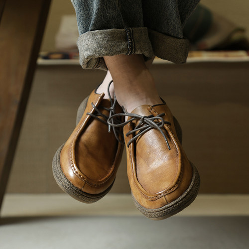 休闲皮鞋男士真皮复古商务手工做旧洗水低帮舒适透气软底软面男鞋