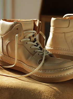 新款aj高帮鞋男士真皮透气手工缝制皮鞋休闲运动系带增高厚底板鞋