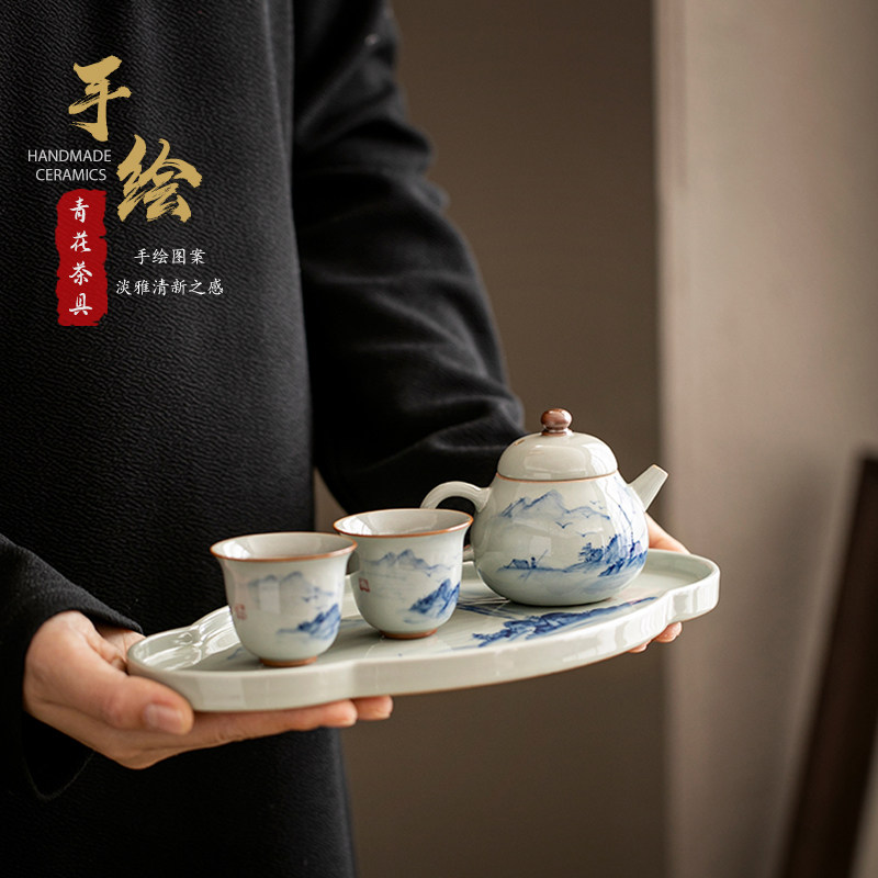 复古陶瓷功夫茶具套装山水手绘茶壶茶杯简约一壶二杯快客杯泡茶器,餐饮具,整套茶具,淘宝优惠券,粉丝福利购,淘宝优惠卷