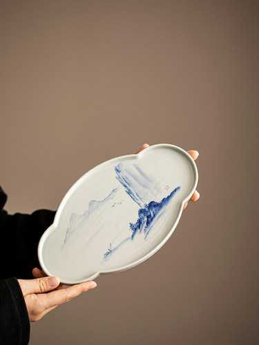 陶瓷茶盘小茶台中式茶托盘功夫茶具手绘山水高档家用茶海干泡盘