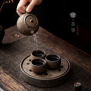 家用复古现代简约一壶三杯茶壶茶盘茶杯整套 粗陶中式 功夫茶具套装