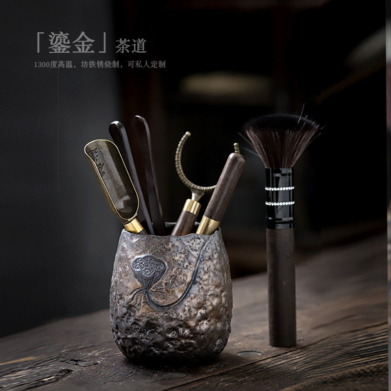 茶道六君子黑檀木纹套装功夫茶具配件复古鎏金泡茶工具茶夹茶勺茶