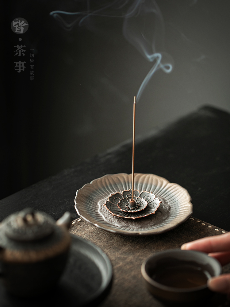 粗陶覆古禅意香插碟线香炉荷花香座家用室内香托茶室茶桌面熏香炉