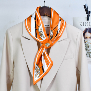 丝巾小长条春夏秋季 2025流行薄纱巾 领巾橘色穿孔围脖护颈搭配衬衫