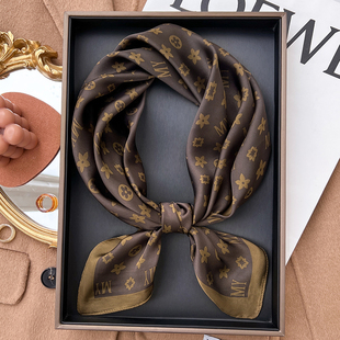 丝巾女2024新款 咖色高级感洋气穿搭百搭护颈围脖小方巾 春秋夏季