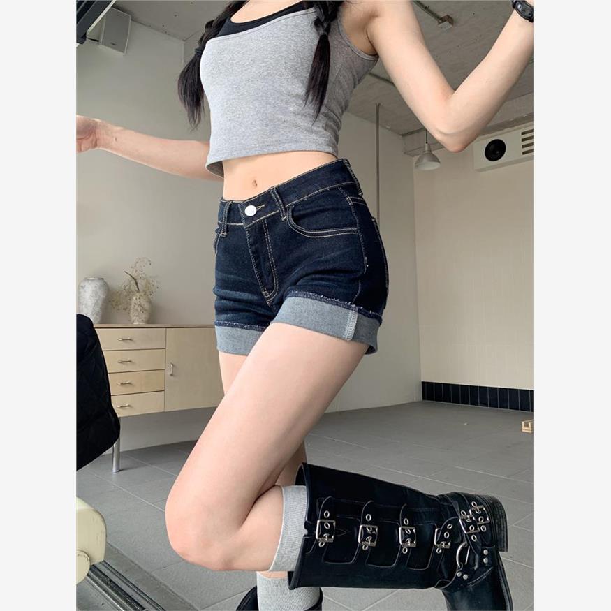 美式辣妹高腰性感热裤热裤牛仔裤女夏季深蓝色设计感卷边短裤子