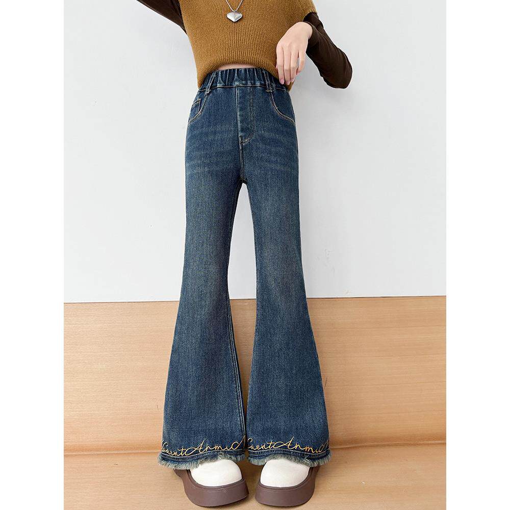 女童加绒裤子一体绒喇叭裤2025新款大童刺绣毛边超好看儿童牛仔裤