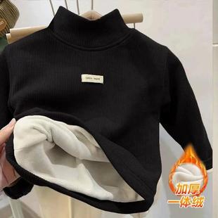 2025秋冬季儿童加绒加厚男童女童德绒打底衫T恤半高领一体绒上衣