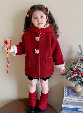 女童猫咪外套拜年服2025新款儿童红色加厚毛呢大衣女宝宝冬季呢子