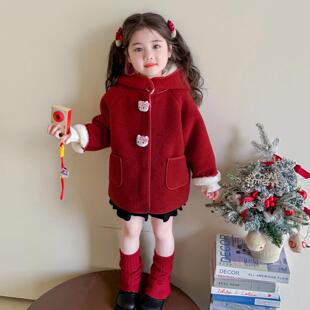 女童猫咪外套拜年服2025新款儿童红色加厚毛呢大衣女宝宝冬季呢子