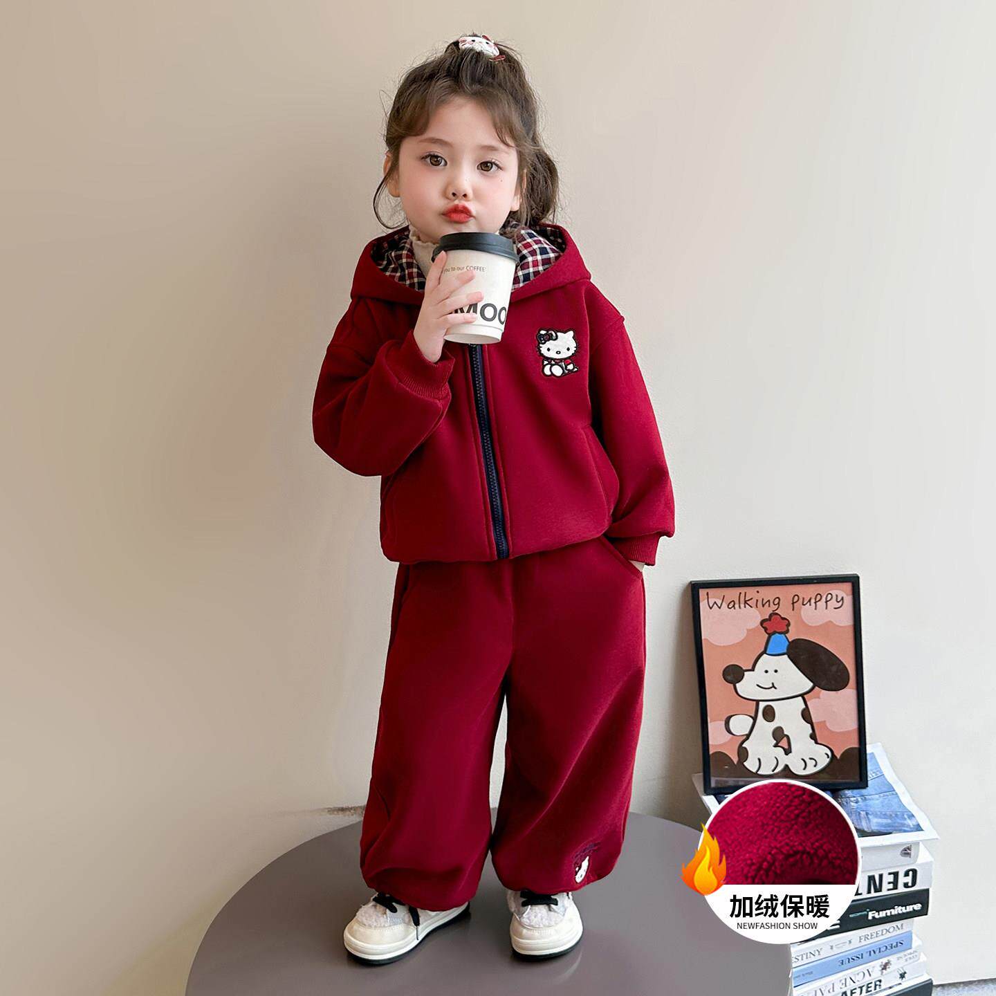 女童加绒卫衣套装秋冬外套2025新款儿童红色加厚冬装女孩运动衣服
