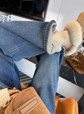 超带派！~buling烫钻直筒牛仔裤女秋冬新款保暖植绒一体绒阔腿裤