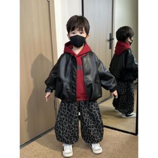 男童加绒套装2025新款秋冬装帅气男孩时髦儿童韩版卫衣皮衣三件套